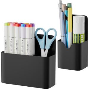 imageMagnetic Dry Erase Marker HolderPen and Eraser Holder for WhiteboardMagnet Pencil Cup Utility Storage Organizer for Office Refrigerator Locker and Metal Cabinets 2 PackBlack