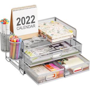 imageMarbrasse 3 Tier Mesh Desk Organizer with Drawer MultiFunctional Desk Organizers and Accessories Paper Letter Organizer with 2 Pen Holder for Home Office Supplies  BlackSilver