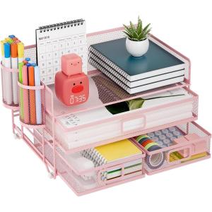 imageMarbrasse 3 Tier Mesh Desk Organizer with Drawer MultiFunctional Desk Organizers and Accessories Paper Letter Organizer with 2 Pen Holder for Home Office Supplies  BlackPink