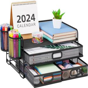 imageMarbrasse 3 Tier Mesh Desk Organizer with Drawer MultiFunctional Desk Organizers and Accessories Paper Letter Organizer with 2 Pen Holder for Home Office Supplies  BlackBlack