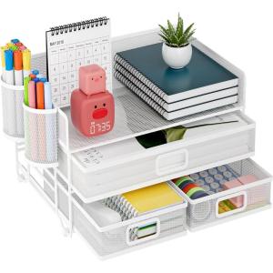 imageMarbrasse 3 Tier Mesh Desk Organizer with Drawer MultiFunctional Desk Organizers and Accessories Paper Letter Organizer with 2 Pen Holder for Home Office Supplies  BlackWhite