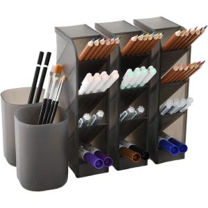 imageMarbrasse 5 Pcs Desk Organizer Pen Organizer Storage for Office School Home Supplies Translucent Black Pen Storage Holder Set of 3 2 Cups 14Compartments Black