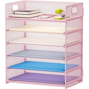 imageMarbrasse 6 Tier Paper Organizer Letter Tray  Mesh Desk File Organizer with Handle Paper Sorter Organizer for LetterA4 Office File Folder Holder  Black6 Tier  Pink