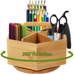 imageMarbrasse Bamboo Art Supply Organizer Rotating Pencil Pen Holder Office Supplies Desktop Storage Caddy Like Colored Pencils Pen Markers Paint Brushes