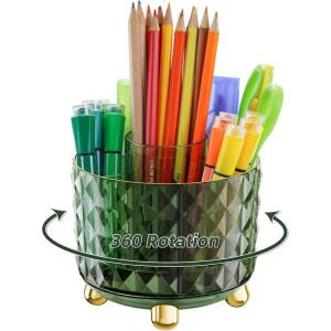 imageMarbrasse Desk Organizer 360Degree Rotating Pen Pencil Holder for Desk Desk Organizers and Accessories with 5 Compartments Pencil Organizer Transparent gold edgeDark green