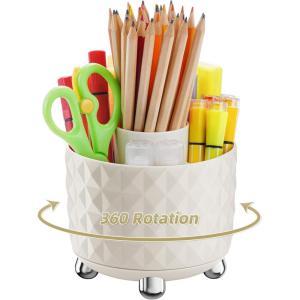imageMarbrasse Desk Organizer 360Degree Rotating Pen Pencil Holder for Desk Desk Organizers and Accessories with 5 Compartments Pencil Organizer Transparent gold edgeMilky white