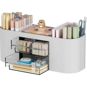 imageMarbrasse Desk Organizer Pen Holder for Desk with 3 Drawers MultiFunctional Pencil Holder Desk Organizers and Accessories with 7 Compartments for Home School ClassroomWhiteGrey