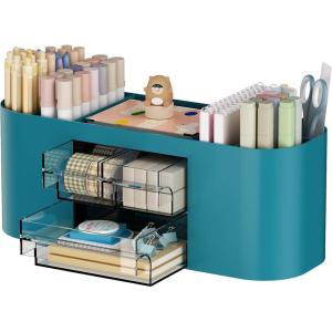 imageMarbrasse Desk Organizer Pen Holder for Desk with 3 Drawers MultiFunctional Pencil Holder Desk Organizers and Accessories with 7 Compartments for Home School ClassroomWhiteDark Green