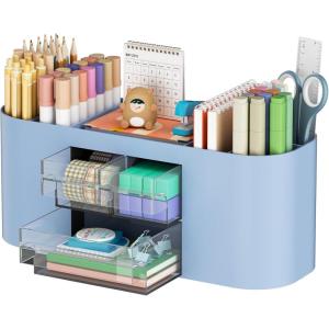 imageMarbrasse Desk Organizer Pen Holder for Desk with 3 Drawers MultiFunctional Pencil Holder Desk Organizers and Accessories with 7 Compartments for Home School ClassroomWhiteBlue