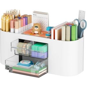 imageMarbrasse Desk Organizer Pen Holder for Desk with 3 Drawers MultiFunctional Pencil Holder Desk Organizers and Accessories with 7 Compartments for Home School ClassroomWhiteWhite