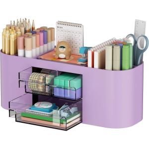 imageMarbrasse Desk Organizer Pen Holder for Desk with 3 Drawers MultiFunctional Pencil Holder Desk Organizers and Accessories with 7 Compartments for Home School ClassroomWhitePurple