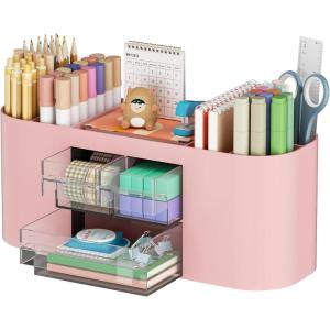 imageMarbrasse Desk Organizer Pen Holder for Desk with 3 Drawers MultiFunctional Pencil Holder Desk Organizers and Accessories with 7 Compartments for Home School ClassroomWhitePink