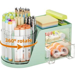 imageMarbrasse Desk Organizer with 2 Drawer 360Rotating Pen Holder for Desk Desk Organizers and Accessories with 6 Slots Pencil Organizer  2 Drawer Art Supply Storage Box Caddy for Office WhiteGreen