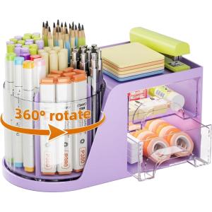 imageMarbrasse Desk Organizer with 2 Drawer 360Rotating Pen Holder for Desk Desk Organizers and Accessories with 6 Slots Pencil Organizer  2 Drawer Art Supply Storage Box Caddy for Office WhitePurple