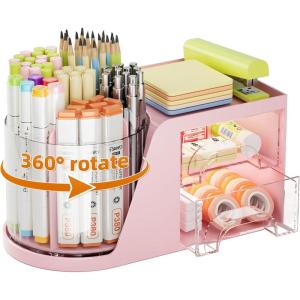 imageMarbrasse Desk Organizer with 2 Drawer 360Rotating Pen Holder for Desk Desk Organizers and Accessories with 6 Slots Pencil Organizer  2 Drawer Art Supply Storage Box Caddy for Office WhitePink
