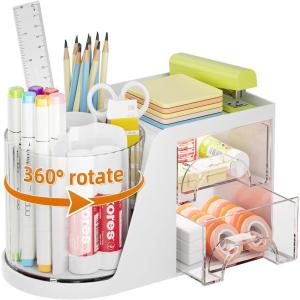 imageMarbrasse Desk Organizer with 2 Drawer 360Rotating Pen Holder for Desk Desk Organizers and Accessories with 6 Slots Pencil Organizer  2 Drawer Art Supply Storage Box Caddy for Office WhiteWhite