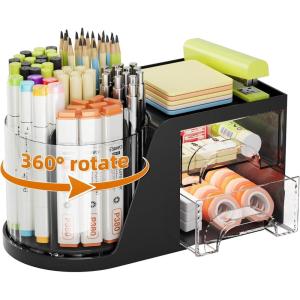 imageMarbrasse Desk Organizer with 2 Drawer 360Rotating Pen Holder for Desk Desk Organizers and Accessories with 6 Slots Pencil Organizer  2 Drawer Art Supply Storage Box Caddy for Office WhiteBlack