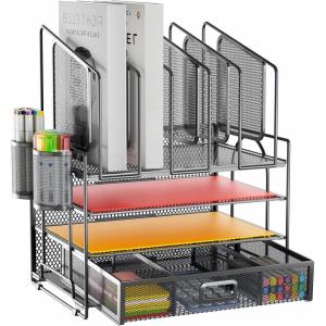 imageMarbrasse Desk Organizer with Drawer 4Tier Mesh Desk File Organizer with 5 Vertical File Holders and 2 Pen Holders Multifunction Desktop OrganizerGray Vertical File Folder