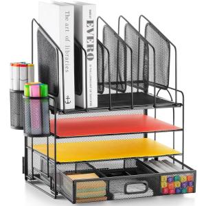 imageMarbrasse Desk Organizer with Drawer 4Tier Mesh Desk File Organizer with 5 Vertical File Holders and 2 Pen Holders Multifunction Desktop OrganizerMesh Vertical File Folder  01