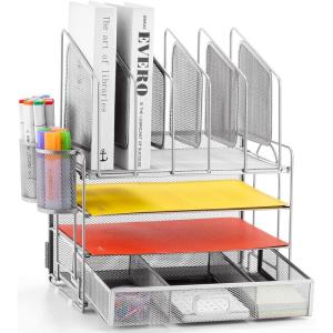 imageMarbrasse Desk Organizer with Drawer 4Tier Mesh Desk File Organizer with 5 Vertical File Holders and 2 Pen Holders Multifunction Desktop OrganizerSilver Vertical File Folder