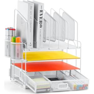 imageMarbrasse Desk Organizer with Drawer 4Tier Mesh Desk File Organizer with 5 Vertical File Holders and 2 Pen Holders Multifunction Desktop OrganizerWhite Vertical File Folder