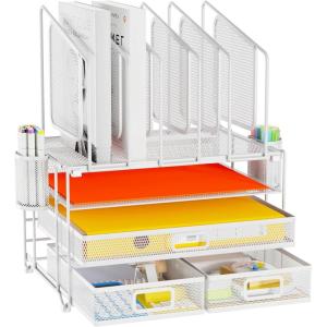 imageMarbrasse Desk Organizer with Drawer 4Tier Mesh Desk File Organizer with 5 Vertical File Holders and 2 Pen Holders Multifunction Desktop OrganizerWhite Mesh Vertical File Folder  02