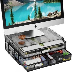 imageMarbrasse Monitor Stand with Drawer Monitor Stand Metal Mesh Desk Organizer with Three Pull Out Storage Drawers Monitor Stand with Storage Desktop Computer Stand for PC Laptop Printer iMac