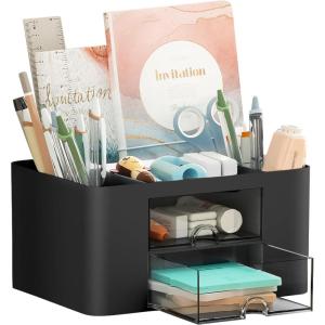 imageMarbrasse Pen Organizer with 2 Drawer MultiFunctional Pencil Holder for Desk Desk Organizers and Accessories with 5 Compartments  Drawer for Office Art Supplies WhiteBlack