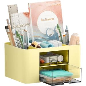imageMarbrasse Pen Organizer with 2 Drawer MultiFunctional Pencil Holder for Desk Desk Organizers and Accessories with 5 Compartments  Drawer for Office Art Supplies WhiteYellow
