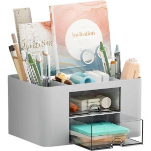 imageMarbrasse Pen Organizer with 2 Drawer MultiFunctional Pencil Holder for Desk Desk Organizers and Accessories with 5 Compartments  Drawer for Office Art Supplies WhiteGrey