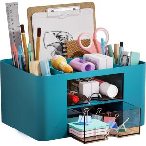 imageMarbrasse Pen Organizer with 2 Drawer MultiFunctional Pencil Holder for Desk Desk Organizers and Accessories with 5 Compartments  Drawer for Office Art Supplies WhiteDark Green