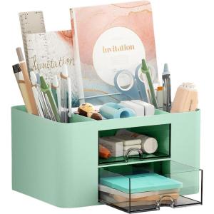 imageMarbrasse Pen Organizer with 2 Drawer MultiFunctional Pencil Holder for Desk Desk Organizers and Accessories with 5 Compartments  Drawer for Office Art Supplies WhiteGreen