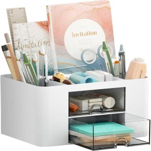 imageMarbrasse Pen Organizer with 2 Drawer MultiFunctional Pencil Holder for Desk Desk Organizers and Accessories with 5 Compartments  Drawer for Office Art Supplies WhiteWhite