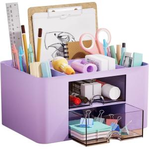 imageMarbrasse Pen Organizer with 2 Drawer MultiFunctional Pencil Holder for Desk Desk Organizers and Accessories with 5 Compartments  Drawer for Office Art Supplies WhitePurple