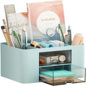 imageMarbrasse Pen Organizer with 2 Drawer MultiFunctional Pencil Holder for Desk Desk Organizers and Accessories with 5 Compartments  Drawer for Office Art Supplies WhiteBlue
