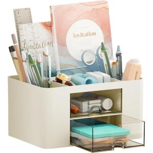 imageMarbrasse Pen Organizer with 2 Drawer MultiFunctional Pencil Holder for Desk Desk Organizers and Accessories with 5 Compartments  Drawer for Office Art Supplies WhiteBeige