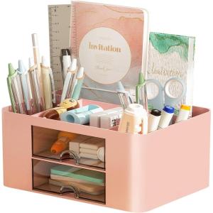 imageMarbrasse Pen Organizer with 2 Drawer MultiFunctional Pencil Holder for Desk Desk Organizers and Accessories with 5 Compartments  Drawer for Office Art Supplies WhitePink
