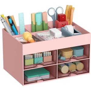 imageMarbrasse Pen Organizer with 4 Drawer MultiFunctional Pencil Holder for Desk Desk Organizers and Accessories with 4 Compartments  Drawer for Office Art Supplies WhitePen Holder 4 DrawerPink