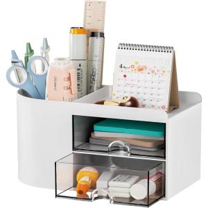 imageMarbrasse Pen Organizer with 4 Drawer MultiFunctional Pencil Holder for Desk Desk Organizers and Accessories with 4 Compartments  Drawer for Office Art Supplies WhitePen Holder 2 Drawer White03