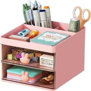 imageMarbrasse Pen Organizer with 4 Drawer MultiFunctional Pencil Holder for Desk Desk Organizers and Accessories with 4 Compartments  Drawer for Office Art Supplies WhitePink
