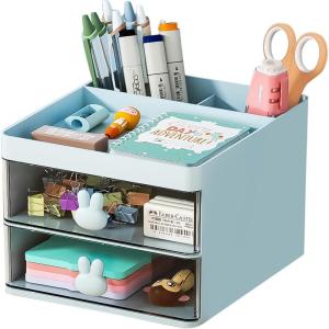 imageMarbrasse Pen Organizer with 4 Drawer MultiFunctional Pencil Holder for Desk Desk Organizers and Accessories with 4 Compartments  Drawer for Office Art Supplies WhiteBlue