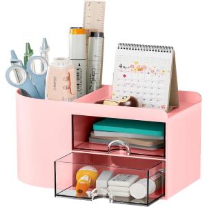 imageMarbrasse Pen Organizer with 4 Drawer MultiFunctional Pencil Holder for Desk Desk Organizers and Accessories with 4 Compartments  Drawer for Office Art Supplies WhitePen Holder 2 Drawer Pink03
