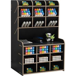 imageMarbrasse Upgraded Wooden Pencil Holder Pen Organizer for Desk Easy Assembly Art Supply Organizer Desktop Stationary Organizer Caddy BlackBlack