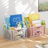 imageMarbrasse Mesh Desk Organizer Pen Organizer with 2 Drawer MultiFunctional Pencil Holder for Desk Desk Organizers and Accessories with 5 Compartments  Drawer for Office Art Supplies BlackPink