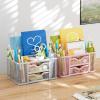 imageMarbrasse Mesh Desk Organizer Pen Organizer with 2 Drawer MultiFunctional Pencil Holder for Desk Desk Organizers and Accessories with 5 Compartments  Drawer for Office Art Supplies BlackSilver