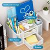 imageMarbrasse Mesh Desk Organizer Pen Organizer with 2 Drawer MultiFunctional Pencil Holder for Desk Desk Organizers and Accessories with 5 Compartments  Drawer for Office Art Supplies BlackWhite
