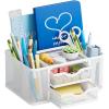 imageMarbrasse Mesh Desk Organizer Pen Organizer with 2 Drawer MultiFunctional Pencil Holder for Desk Desk Organizers and Accessories with 5 Compartments  Drawer for Office Art Supplies BlackWhite