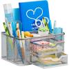 imageMarbrasse Mesh Desk Organizer Pen Organizer with 2 Drawer MultiFunctional Pencil Holder for Desk Desk Organizers and Accessories with 5 Compartments  Drawer for Office Art Supplies BlackSilver