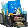 imageMarbrasse Mesh Desk Organizer Pen Organizer with 2 Drawer MultiFunctional Pencil Holder for Desk Desk Organizers and Accessories with 5 Compartments  Drawer for Office Art Supplies BlackBlack