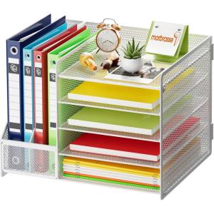 imageMarbrasse Desk Organizer with File Holder 5Tier Paper Letter Tray Organizer Mesh Desk Organizers and Accessories with Magazine Holder Desktop Organizer and Storage for Office Supplies BlackWhite